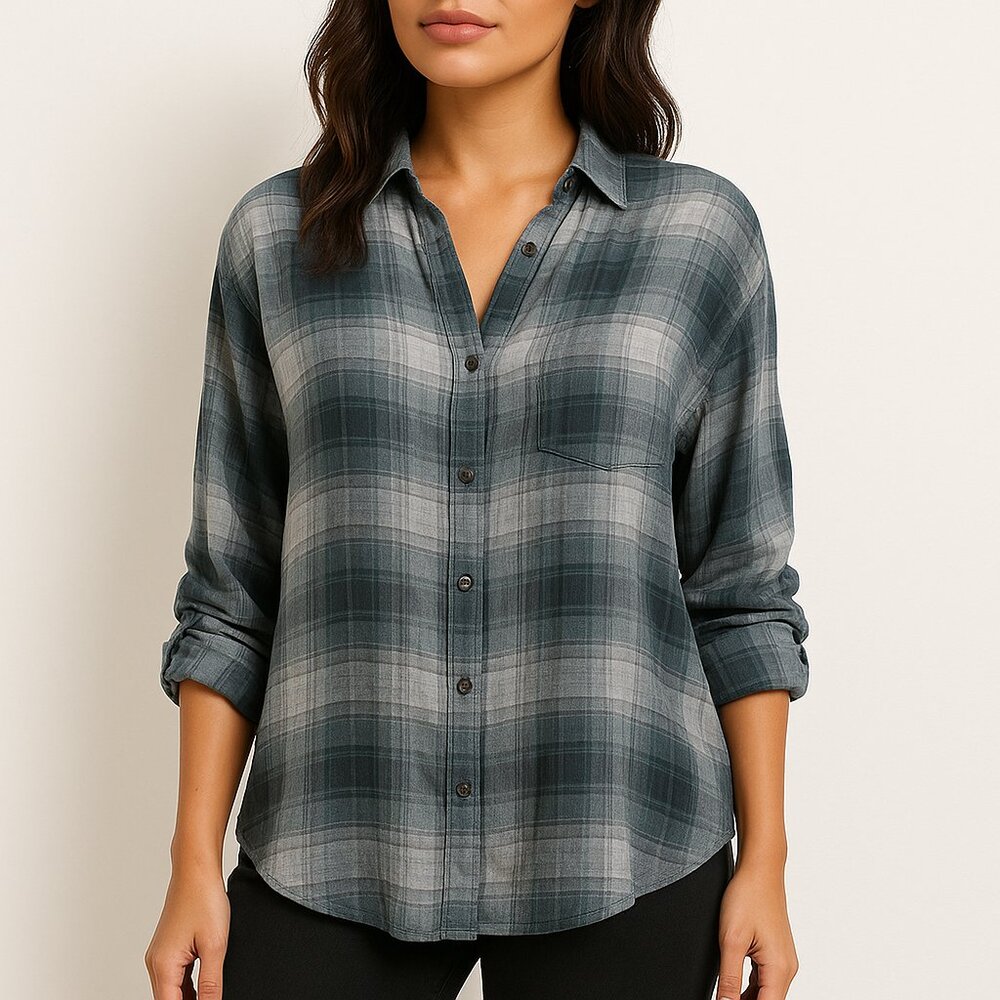 EC (NWT) Women's Plaid Button-Up Shirt Roll Tab Sleeves Blue Caspian Camp Size M